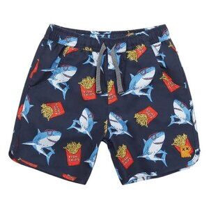 NWT Broken Threads Surf Navy Blue Great White Sharks French Fries Swim Trunks M